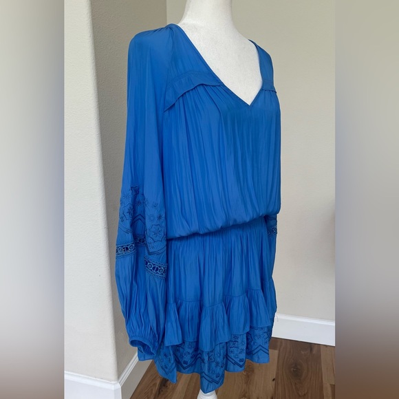 Ramy Brook Sabina Dress Blue Silk Tiered Mini Lace Detail Size M NWT - Picture 7 of 10